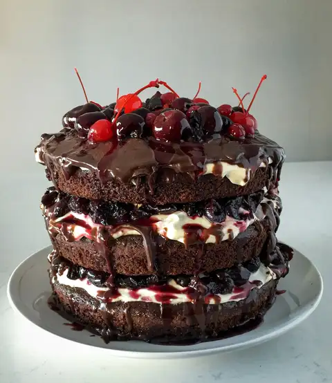 Stories com a foto de um bolo de chocolate de três camadas com cerejas e calda, o texto "Bolo de festa? Peça com 48h" e o botão "Encomendar pelo WhatsApp".