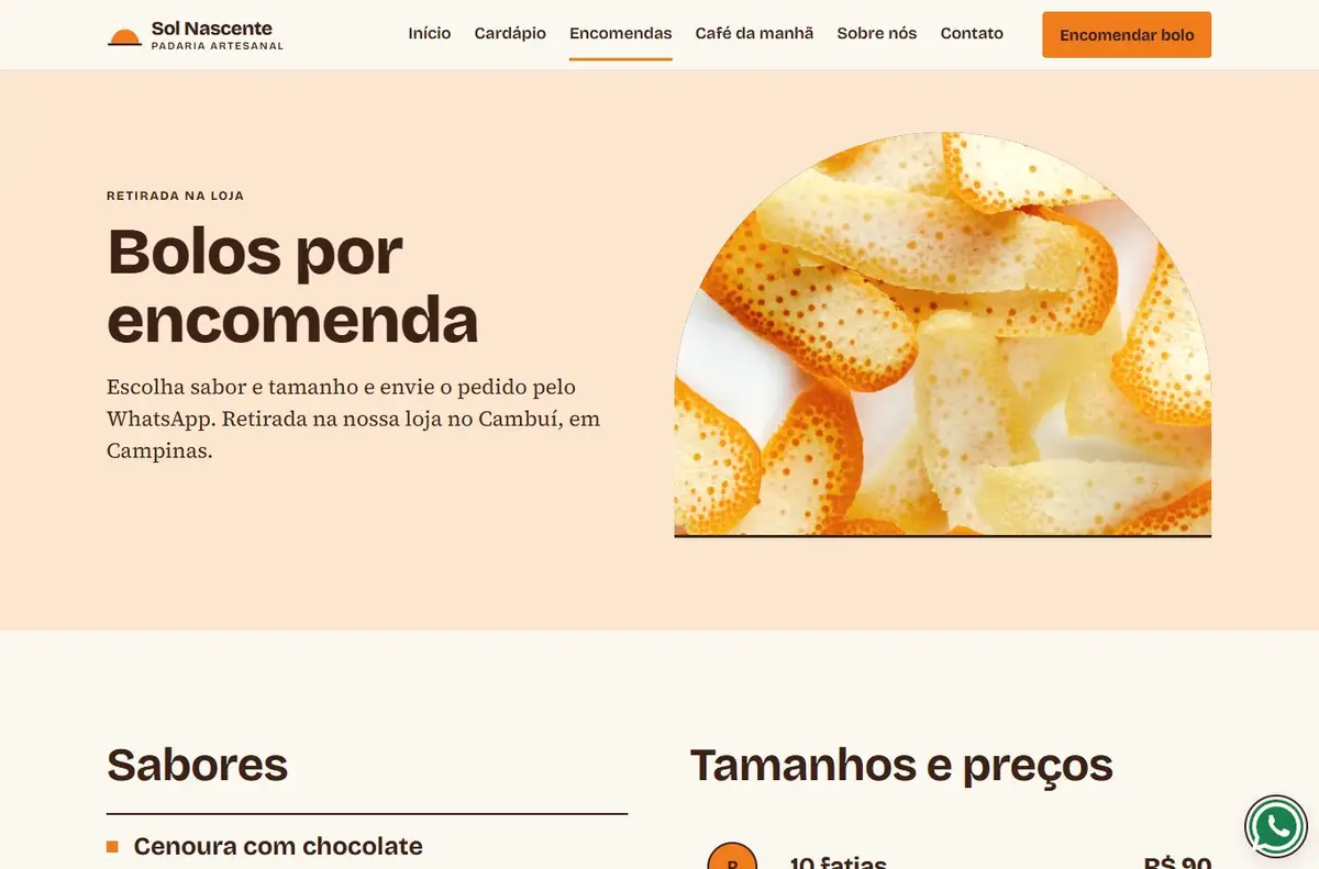 Página "Bolos por encomenda" no computador: foto de casca de laranja cristalizada em arco, texto sobre pedir pelo WhatsApp e as seções "Sabores" e "Tamanhos e preços".